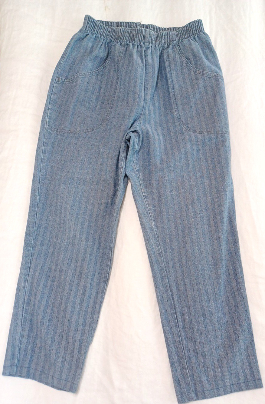 Cascade VTG Womens Striped Blue Pull On Denim Jeans Petite Sz 12 Short*READ TEAR